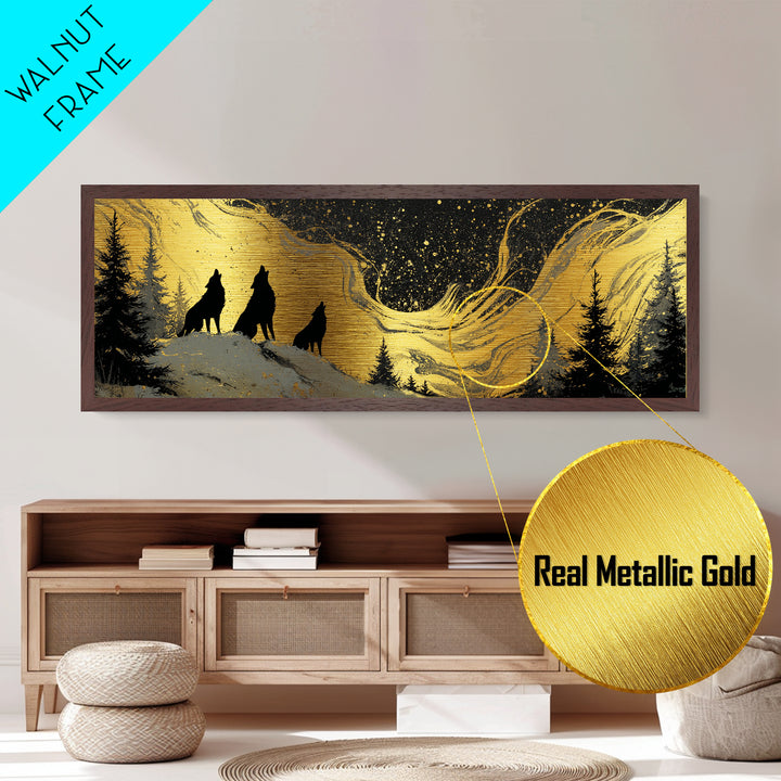 Nordic Wolves Under Stars Metallic Gold Art Metal Art, Viking Mythology Night Sky Office Decor, framed in solid wood