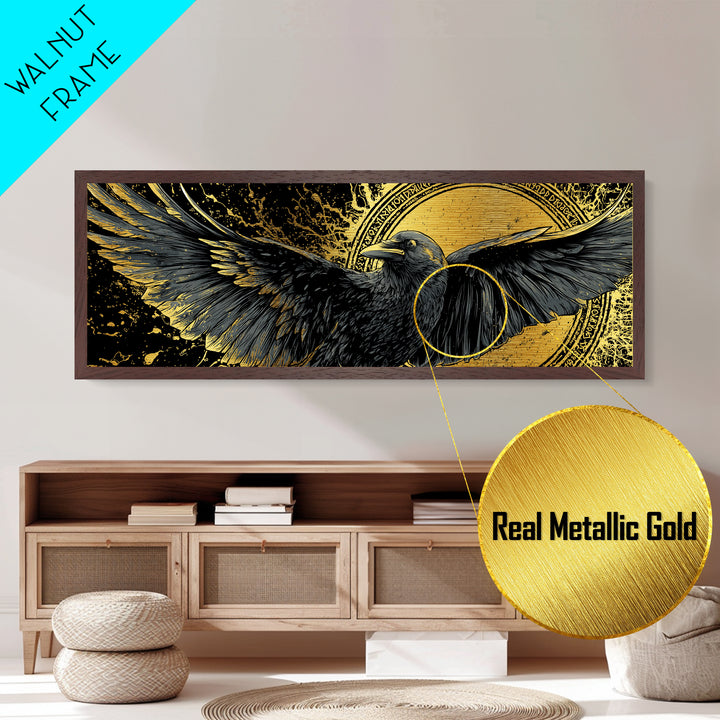 Odin’s Raven Huginn Muninn Metallic Gold Art Metal Art, Norse Mythology Office Art for Men, framed in authentic wood