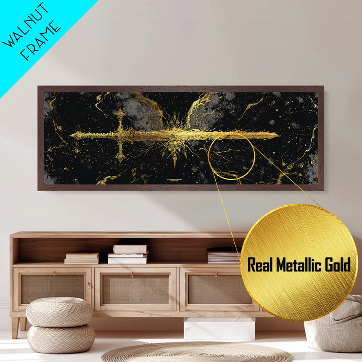 Golden Sword Metallic Gold Art, Norse Mythology Metal Art framed in real wood, Viking Office Wall Decor, Nordic Man Cave Gift