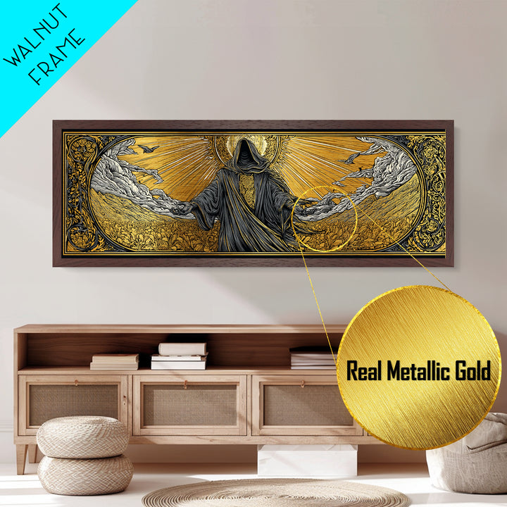 Norse God Baldur Metallic Gold Art Metal Art, Nordic Mythology Office Decor Man Cave Wall Art, with real wood frame