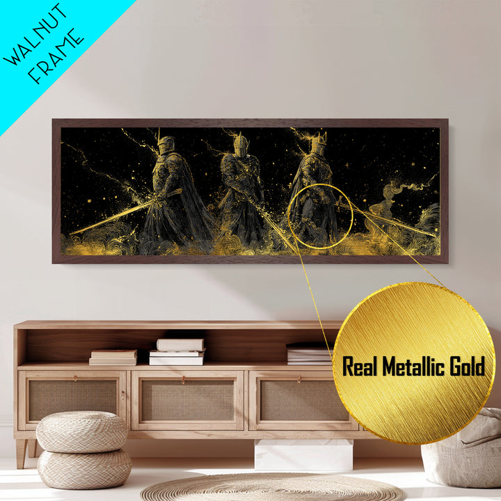 Einherjar Warriors Viking Metallic Gold Art Metal Art, Norse Mythology Office Art Dad Gift, framed in natural wood