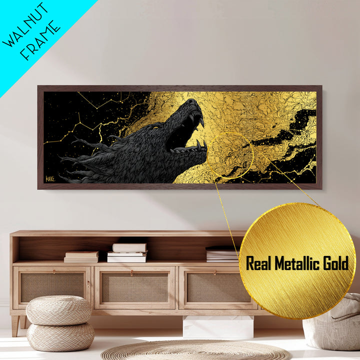 Fenrir Bound Norse Wolf Metallic Gold Art Metal Art, Nordic Mythology Office Decor for Men, framed in natural wood