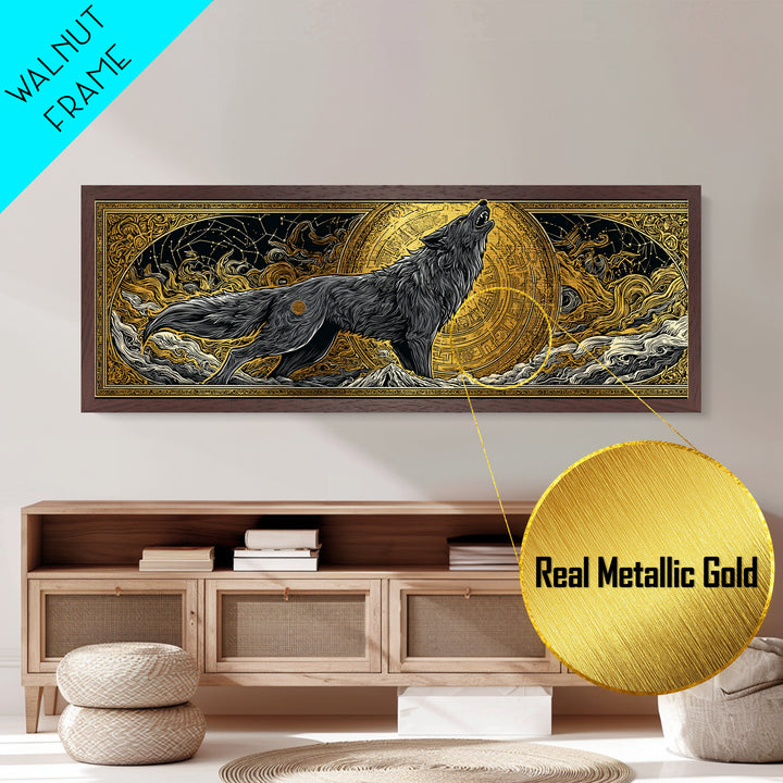 Fenrir Wolf of Ragnarok Metallic Gold Art Metal Art, Norse Mythology Office Decor Man Cave Wall Art, with real wood frame