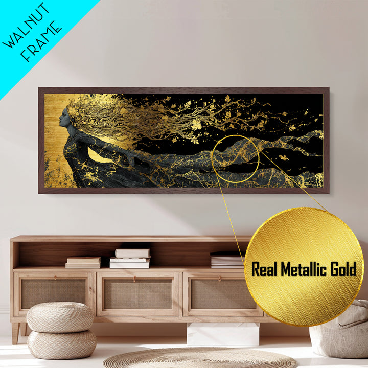 Norse Goddess Freyja Metallic Gold Art Metal Art, Viking Mythology Office Art Man Cave Decor, in handcrafted wood frame