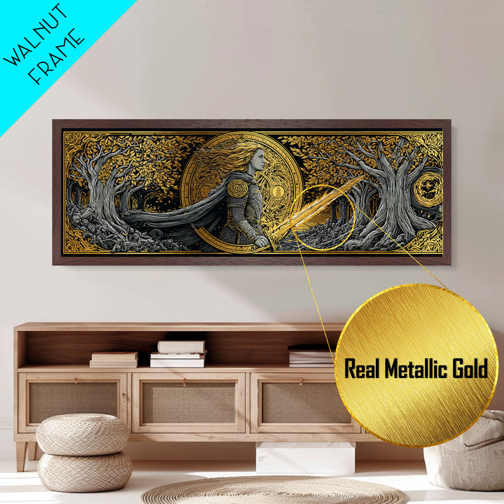 Hervor Nordic Warrior Goddess Metallic Gold Art, Mythology Inspired Metal Art, Dad Gift or Office Art, Framed in Natural Wood