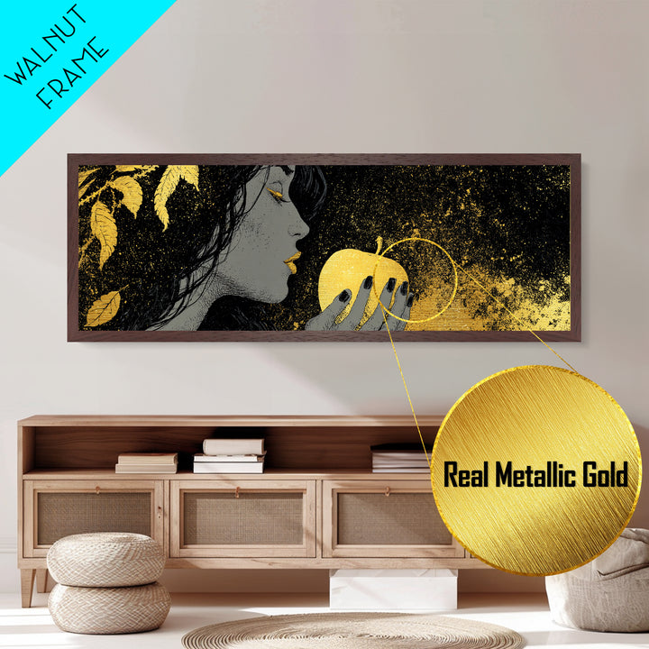 Norse Goddess Idunn Metallic Gold Art with Apple of Youth, Nordic Mythology Metal Art, Office or Man Cave Gift, Framed in Wood