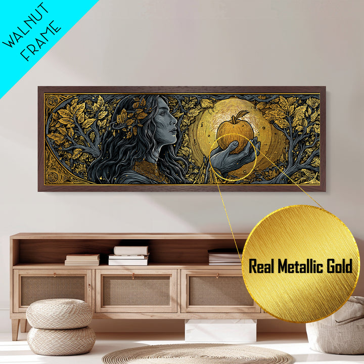 Idunn with Golden Apple Metallic Gold Art, Norse Mythology Goddess Metal Art, Nordic Office Wall Decor, Real Wood Frame