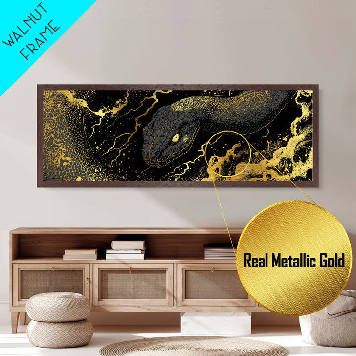 Jormungandr Serpent Metallic Gold Art, Norse Mythology Metal Art, Viking Decor for Men’s Office or Man Cave, Real Wood Frame