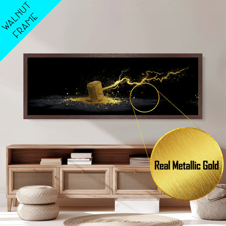 Metallic Gold Art Metal Art – Thor’s Mjolnir with Lightning, Nordic Mythology Office Wall Art Dad Gift, natural wood framed