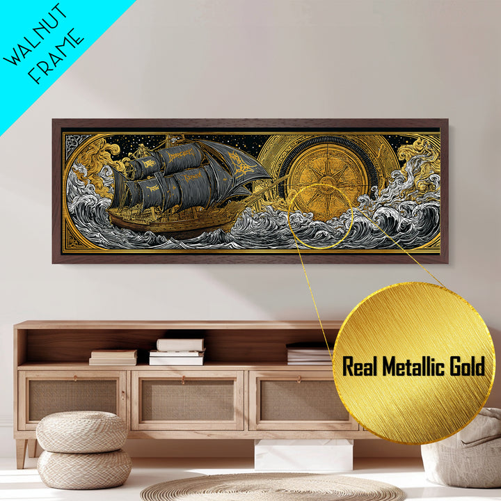 Nordic Naglfar Metallic Gold Art Metal Art – Viking Ship at Sea, Norse Mythology Wall Decor Dad Gift, framed in genuine wood