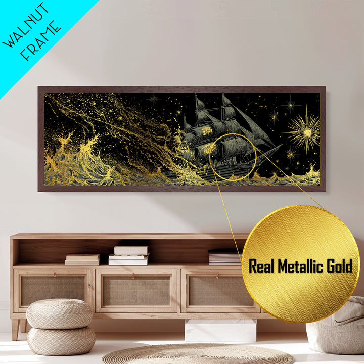 Naglfar Ship Metal Art Metallic Gold Art – Viking Longship Norse Mythology Office Decor Man Cave Wall Hanging, real wood frame