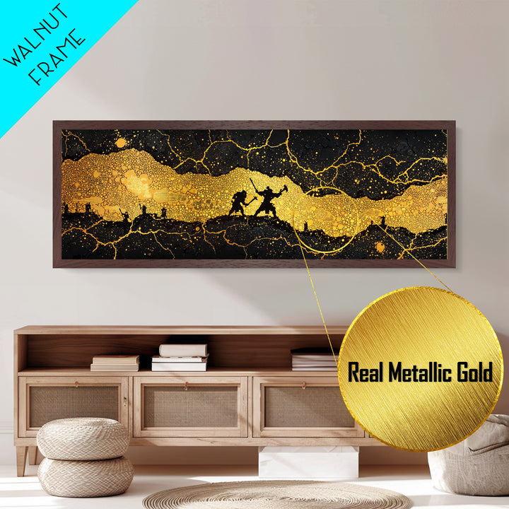 Nidavellir Dwarven Forge Metallic Gold Art Metal Art – Norse Mythology Nordic Decor, Office Wall Hanging, real wood frame included