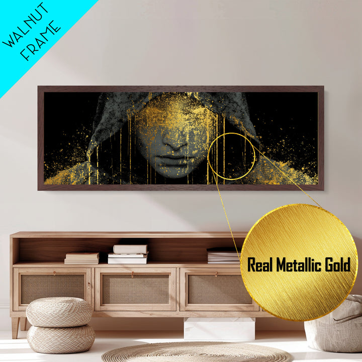 Norse Crown Metallic Gold Art Metal Art – Nordic Royalty Symbol Mythology Wall Hanging for Office or Man Cave, framed with real wood