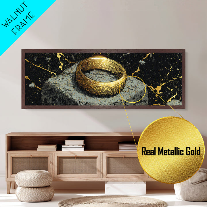 Norse Ring Metallic Gold Art Metal Art – Nordic Mythology Jewelry Symbol, Viking Inspired Wall Decor Office Gift, natural wood frame