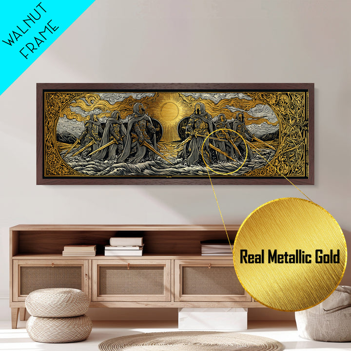 Norse Warriors Metallic Gold Art Metal Art | Viking Battle Scene Wall Decor framed in natural wood | Man Cave or Office Gift