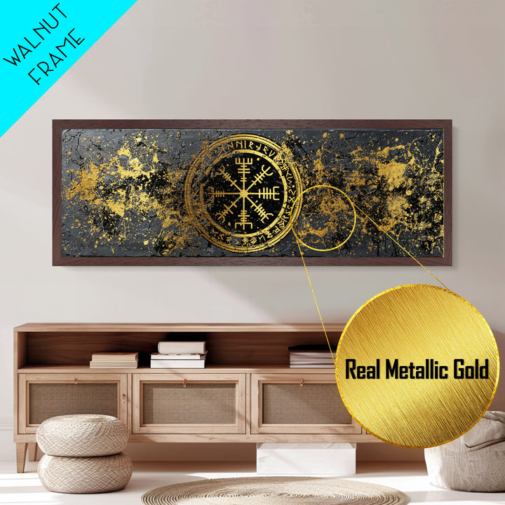 Norse Mythology Metallic Gold Art Metal Art – Viking Warrior Silhouettes Battle Wall Decor, Man Cave Office Gift, framed in wood