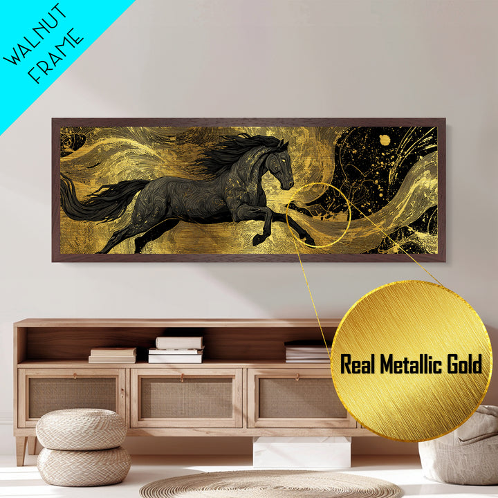 Metallic Gold Art Sköll and Hati Wolves Metal Art | Norse Moon Chasing Myth Wall Art with natural wood frame | Dad Gift Office
