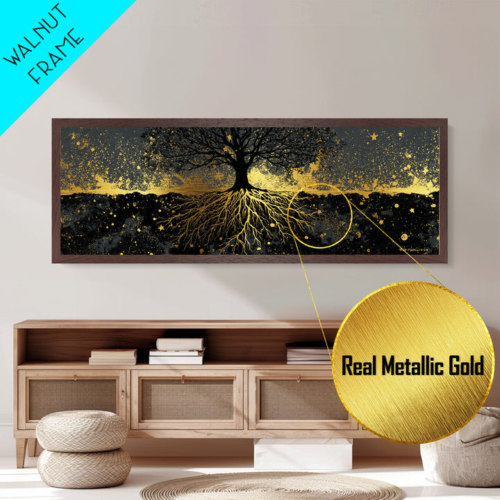 Nordic Tree of Life Yggdrasil Metallic Gold Art Metal Art Norse Mythology Wall Decor, handcrafted in a premium real wood frame