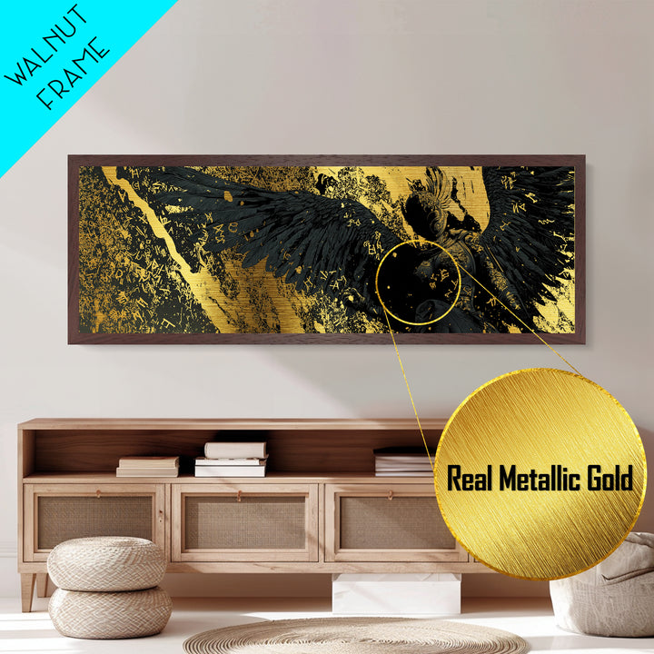 Nordic Valkyrie Metallic Gold Art Metal Art with Mythology Design, Man Cave Wall Decor in real wood frame, Norse Office Gift