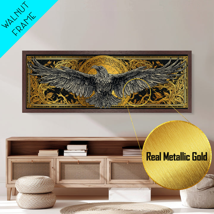 Mythical Valkyrie Helmet Metallic Gold Art Nordic Metal Art, Norse Wall Hanging for Office or Man Cave framed in real wood