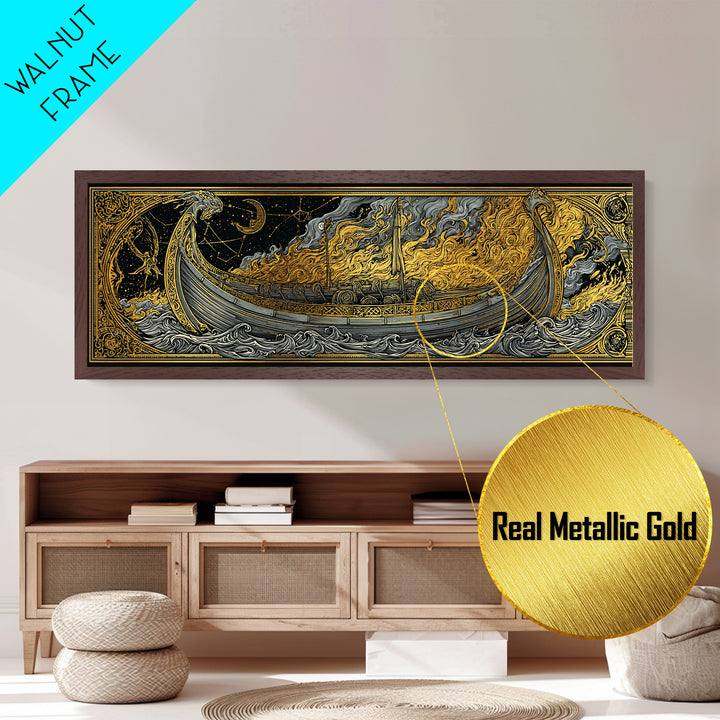 Norse Viking Longship Metallic Gold Art Metal Art, Mythology Office Wall Decor with real wood frame, Unique Gift for Men