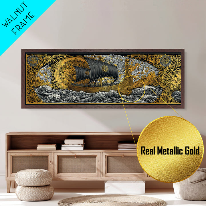 Nordic Viking Helmet Metallic Gold Art Metal Art, Man Cave Decor in natural wood frame, Mythology Wall Art Office Gift