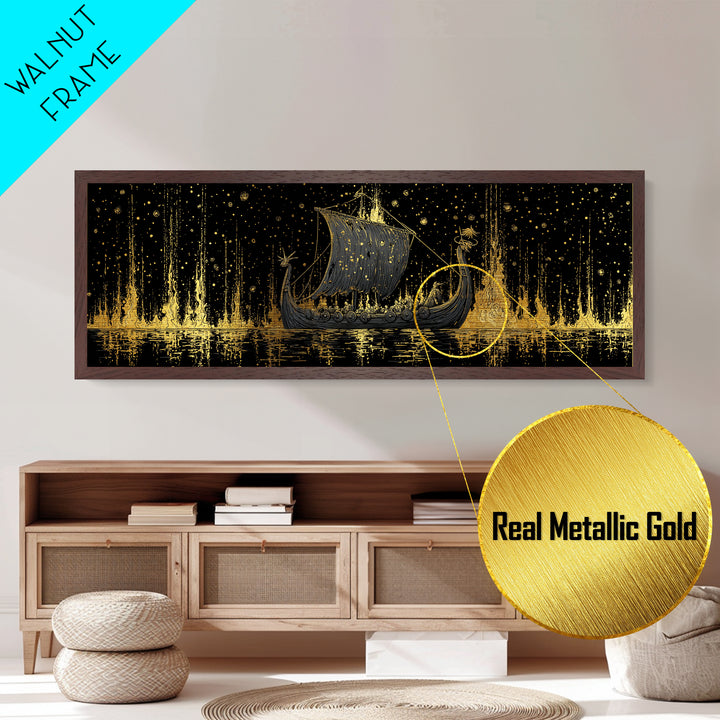 Nordic Viking Warriors Metallic Gold Art Metal Art, Mythology Office Wall Hanging in natural wood frame, Gift for Him Decor