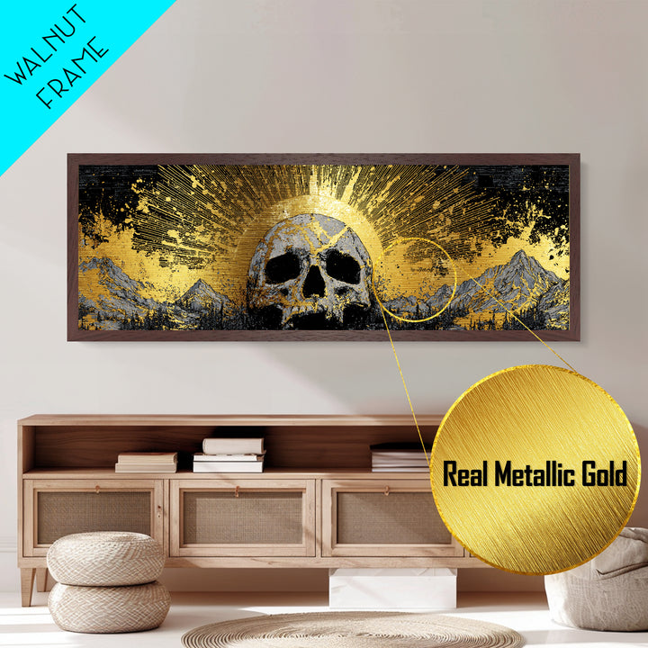 Nordic Mythology Metallic Gold Art, Ymir Skull Landscape Metal Art with Natural Wood Frame, Viking Man Cave Wall Decor