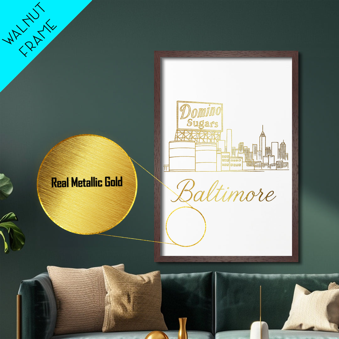 Baltimore Maryland Art, Metallic Gold Print, Wood Framed Art, Metal Art, Modern Skyline Wall Print, Destination Gift