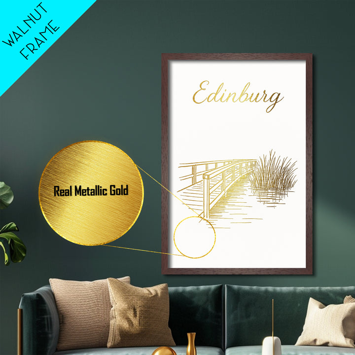 Edinburg Texas Travel, Metallic Gold Art, Wood Framed Art, Metal Art, Modern Skyline Wall Print, Graduation Gift, Bedroom Art