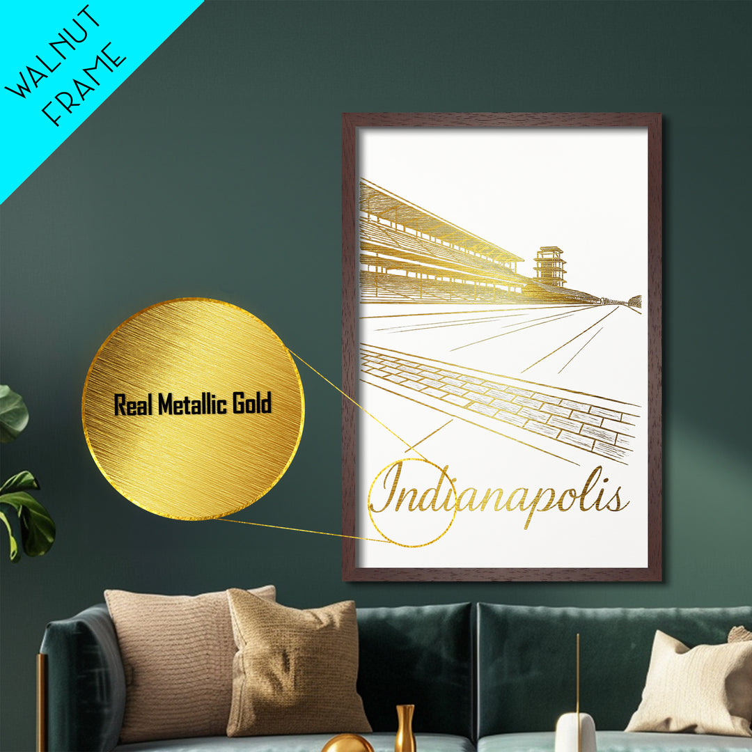 Indianapolis Indiana Art, Metallic Gold Print, Wood Framed Art, Metal Art, Minimalist Wall Art, Anniversary Gift, Living Room Art