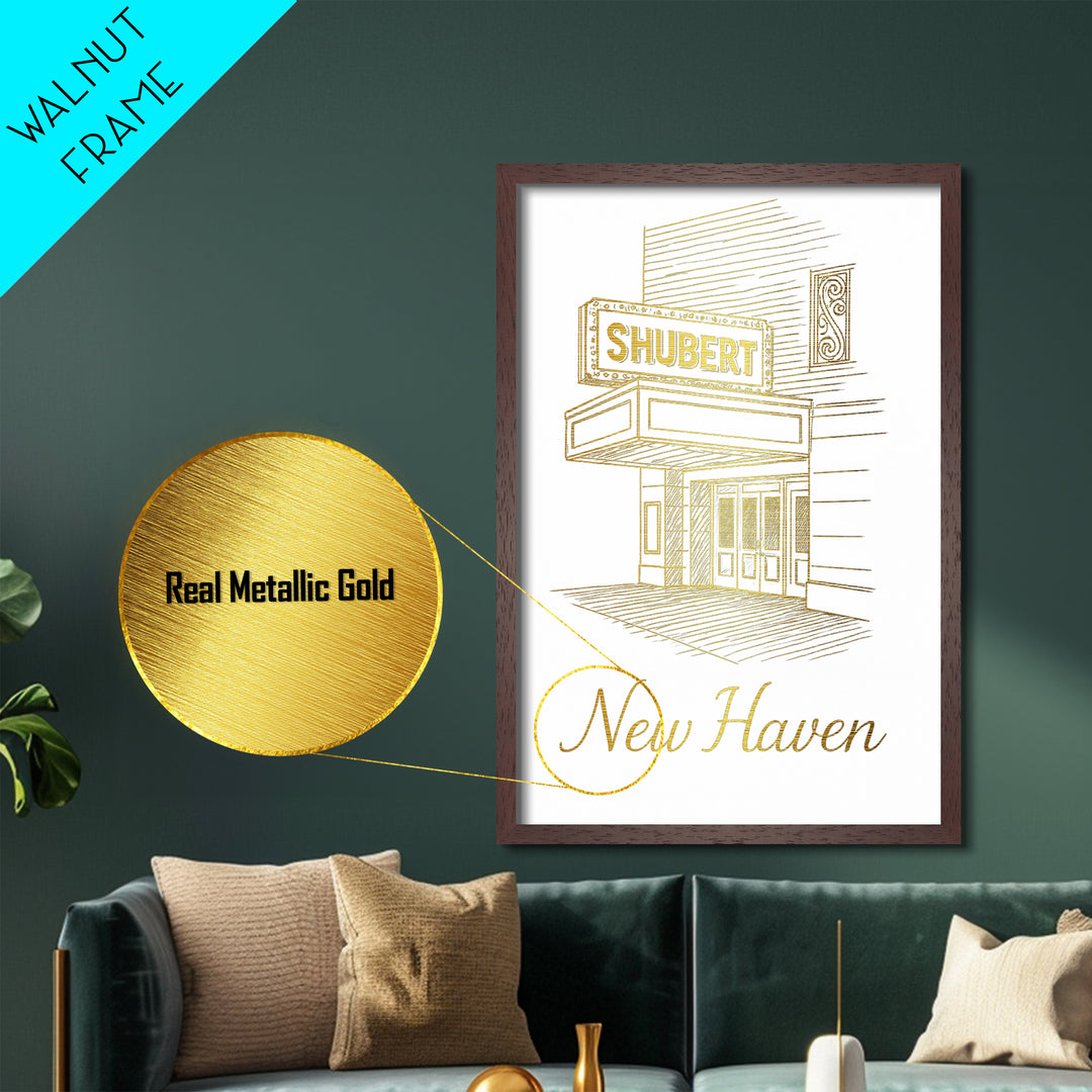New Haven Connecticut Travel, Metallic Gold Print, Wood Framed Art, Metal Art, Minimalist Wall Art, Honeymoon Gift, Entryway Wall Print
