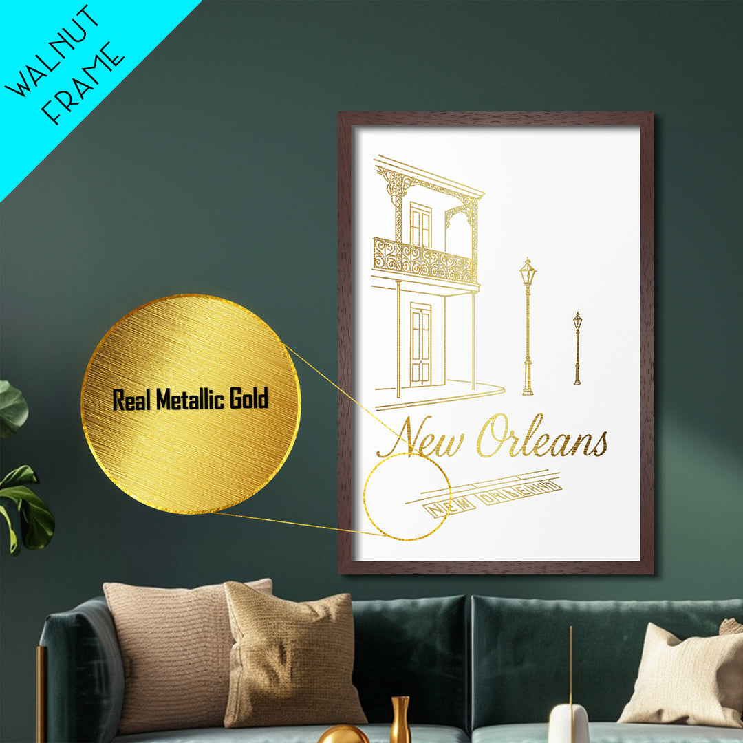 New Orleans Louisiana Art, Metallic Gold Art, Wood Framed Art, Metal Art, Modern Wall Art, Adventure Lover Gift, Living Room Art