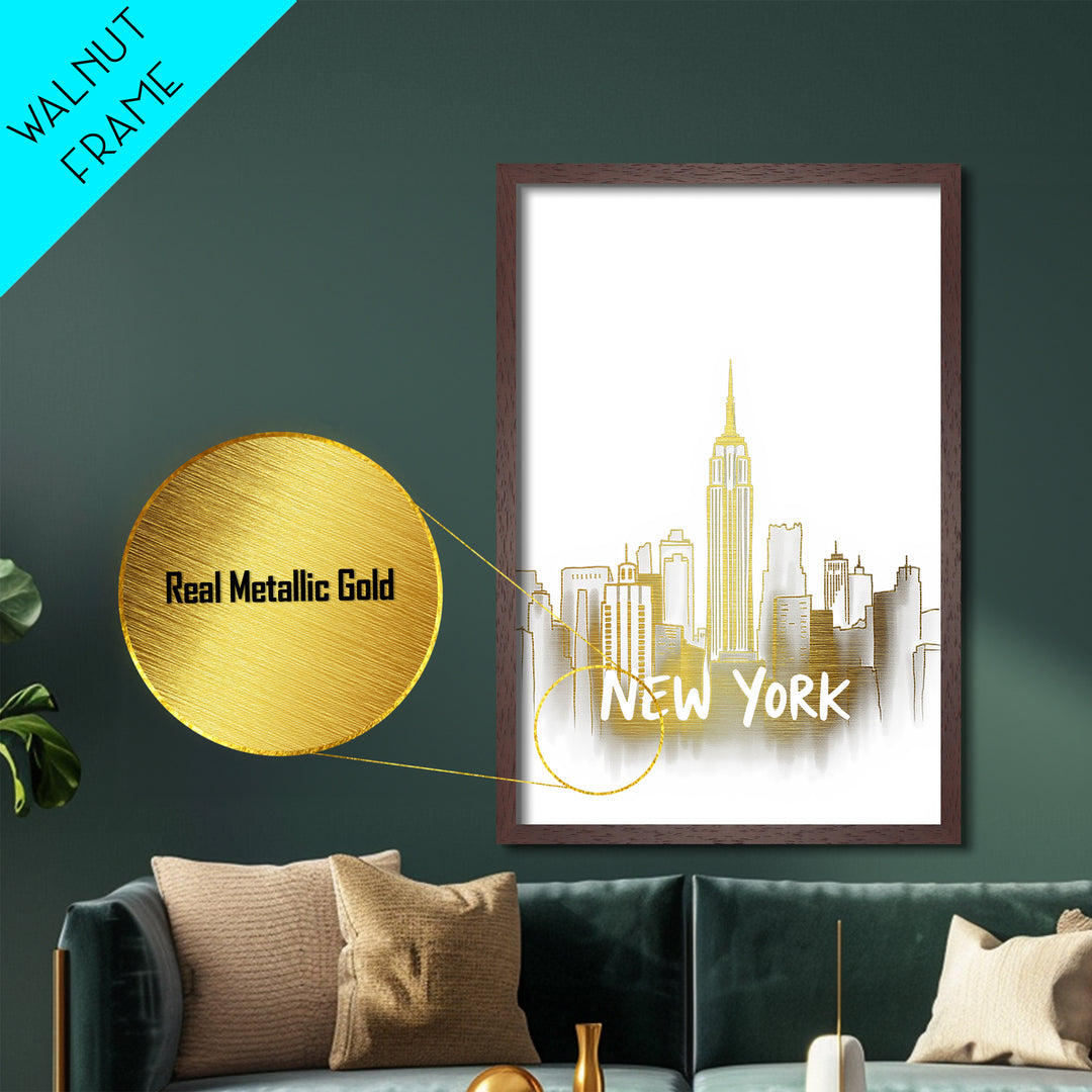 New York New York Art, Metallic Gold Art, Wood Framed Art, Metal Art, Minimalist Wall Art, Anniversary Gift, Bedroom Art