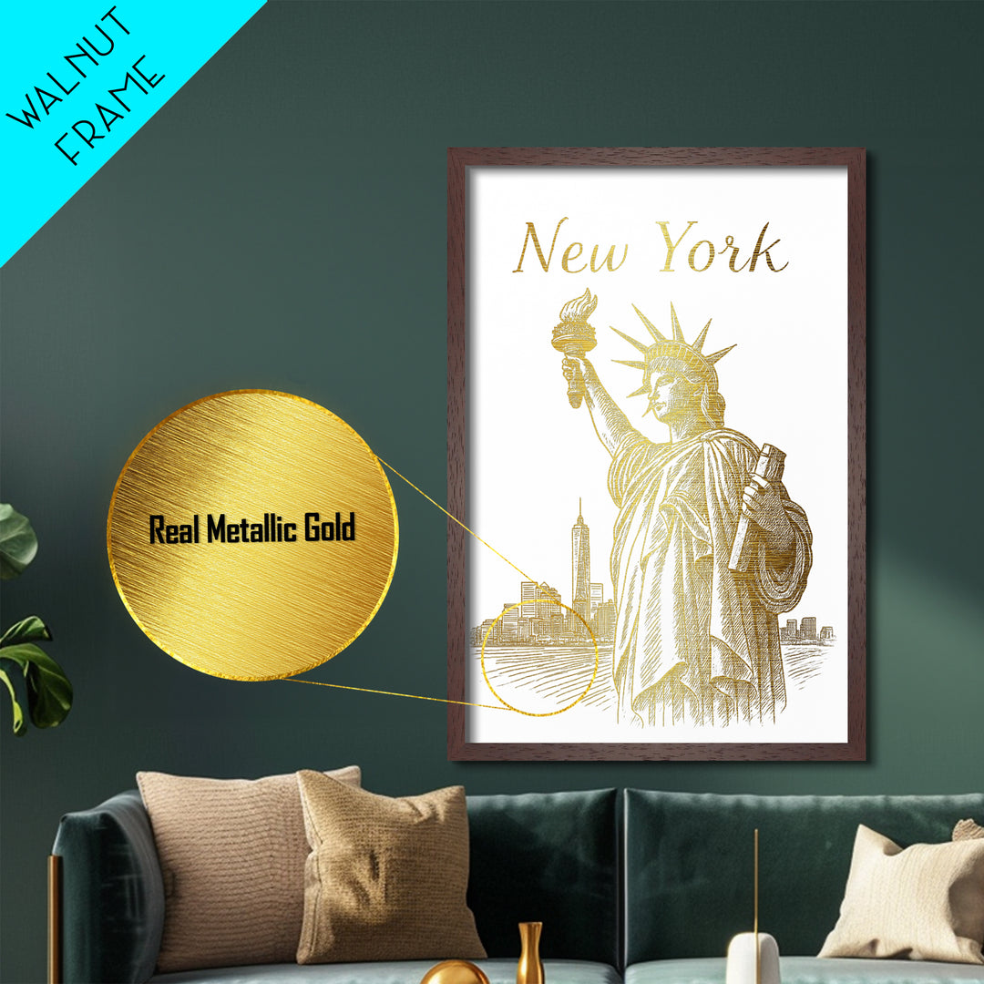 New York New York Art, Metallic Gold Art, Wood Framed Art, Metal Art, Minimalist Wall Art, Destination Gift, Living Room Art