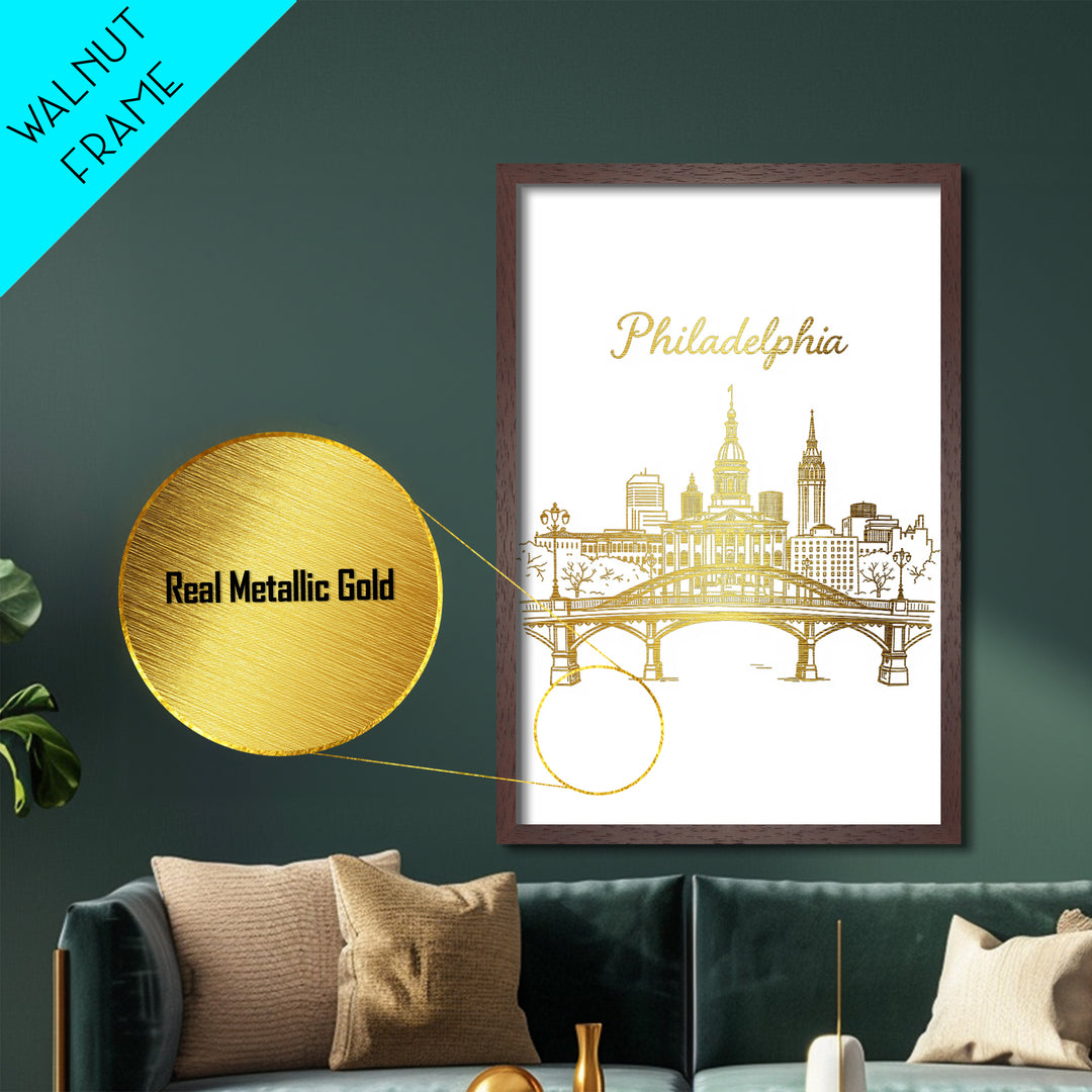 Philadelphia Pennsylvania Art, Metallic Gold Print, Wood Framed Art, Metal Art, Modern Wall Art, Adventure Lover Gift, Living Room Art