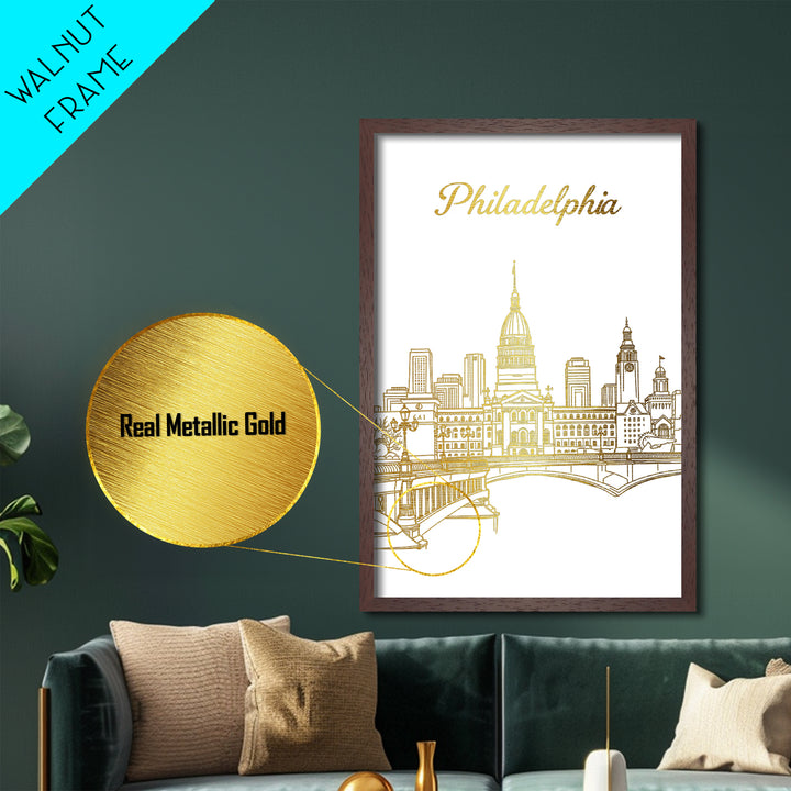 Philadelphia Pennsylvania Art, Metallic Gold Print, Wood Framed Art, Metal Art, Modern House Art, Wanderlust Gift, Entryway Wall Print