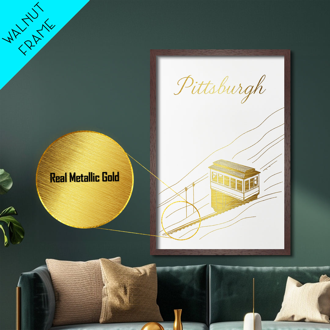 Pittsburgh Pennsylvania Travel, Metallic Gold Print, Wood Framed Art, Metal Art, Modern House Art, Honeymoon Gift, Entryway Wall Print
