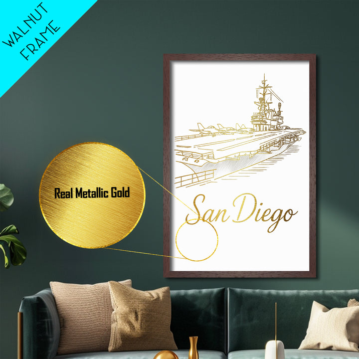 San Diego California Travel, Metallic Gold Print, Wood Framed Art, Metal Art, Minimalist Wall Art, Destination Gift, Bedroom Decor