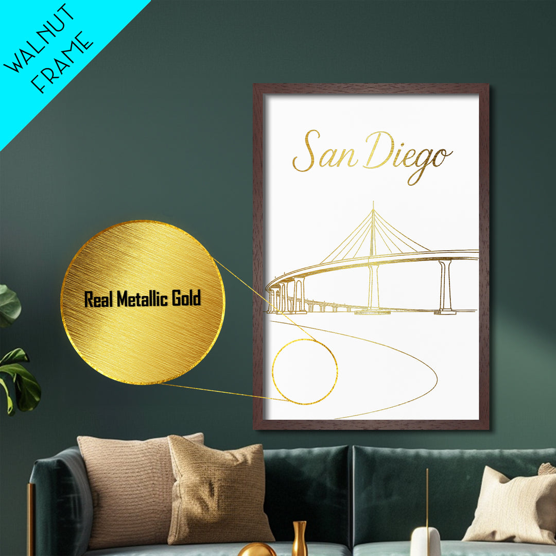 San Diego California Art, Metallic Gold Art, Wood Framed Art, Metal Art, Modern House Art, Wanderlust Gift, Living Room Decor