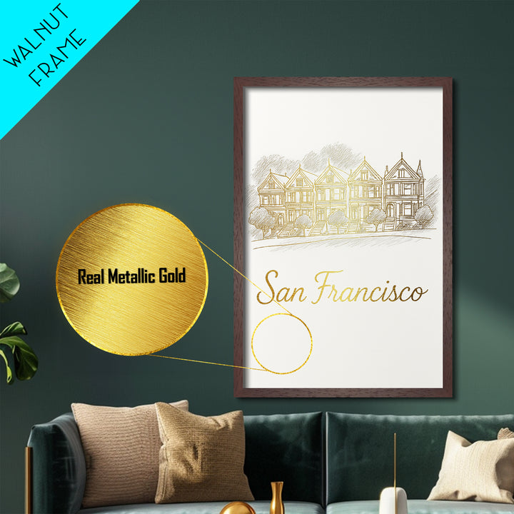 San Francisco California Travel, Metallic Gold Print, Wood Framed Art, Metal Art, Modern Wall Art, Honeymoon Gift, Home Decor