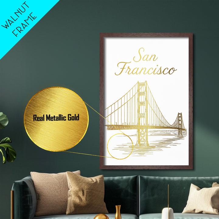 San Francisco California Art, Metallic Gold Art, Wood Framed Art, Metal Art, Minimalist Wall Art, Birthday Travel Gift, Living Room Decor
