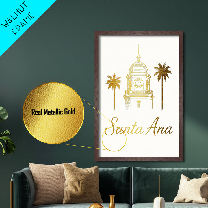 Santa Ana California Travel, Metallic Gold Print, Wood Framed Art, Metal Art, Modern Wall Art, Anniversary Travel Gift, Bedroom Decor