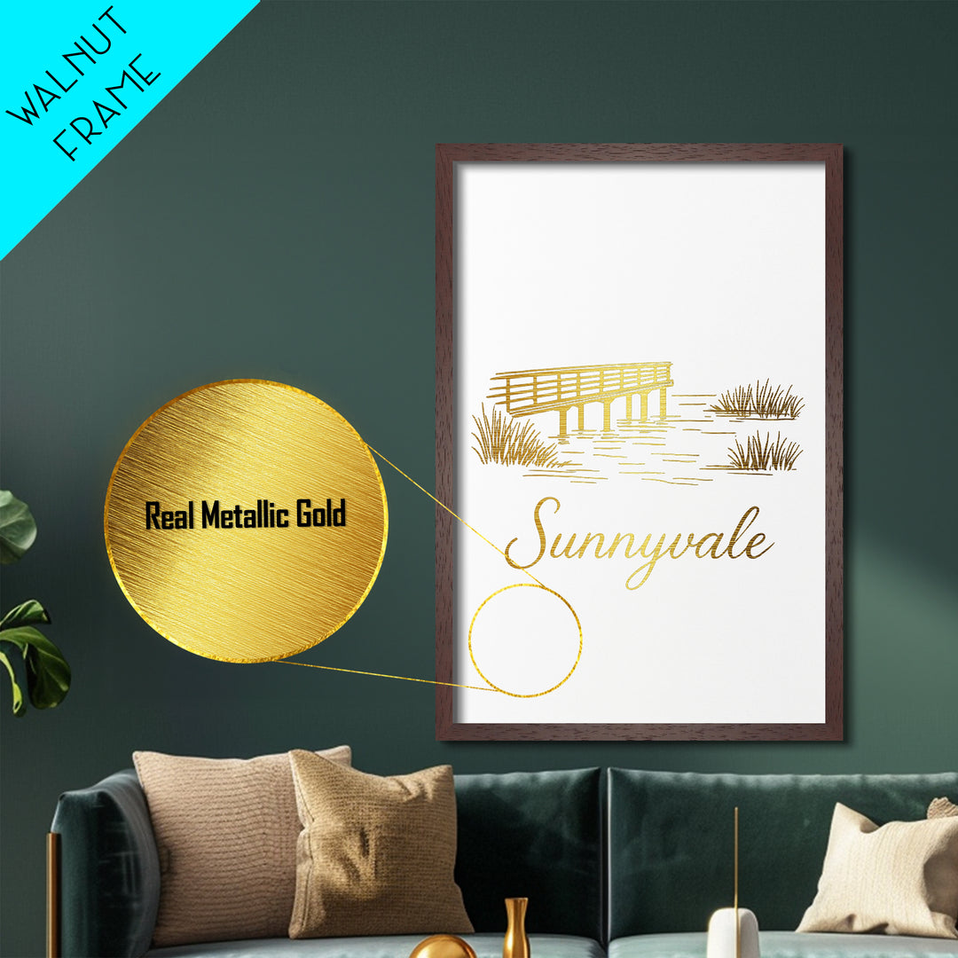 Sunnyvale California Art, Metallic Gold Art, Wood Framed Art, Metal Art, Modern Wall Art, Anniversary Travel Gift, Office Decor
