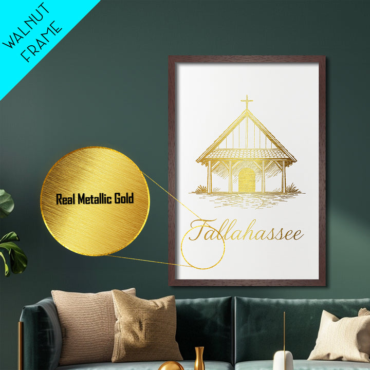 Tallahassee Florida Travel, Metallic Gold Print, Wood Framed Art, Metal Art, Modern House Art, Wanderlust Gift, Living Room Decor