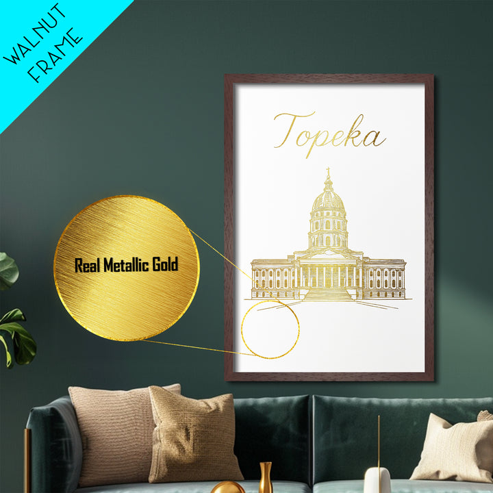 Topeka Kansas Travel, Metallic Gold Print, Wood Framed Art, Metal Art, Modern House Art, Birthday Travel Gift, Living Room Decor
