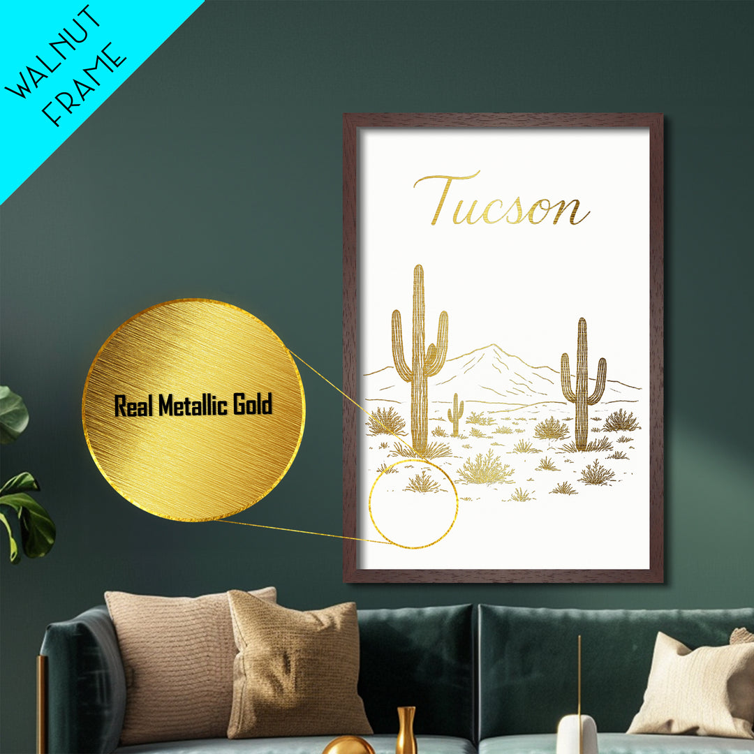 Tucson Arizona Art, Metallic Gold Art, Wood Framed Art, Metal Art, Minimalist Wall Art, Anniversary Travel Gift, Bedroom Decor