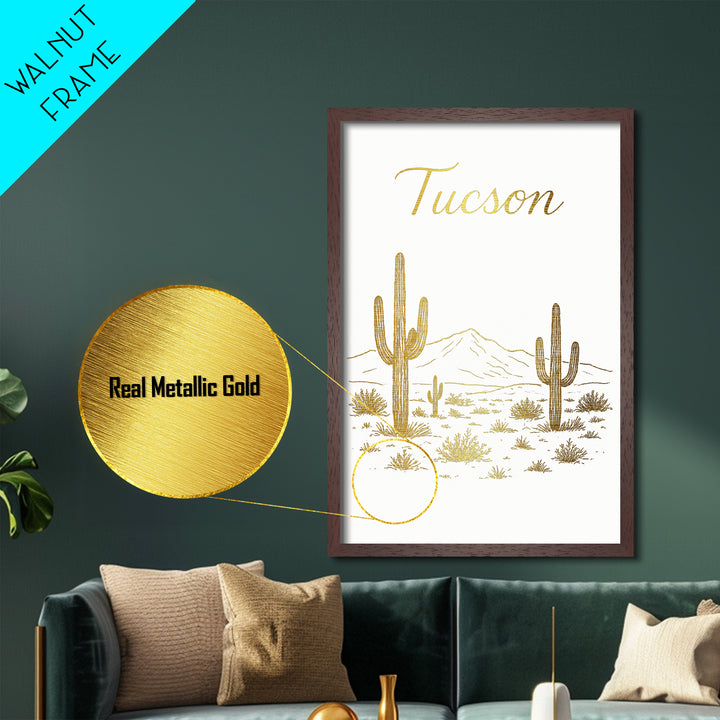 Tucson Arizona Art, Metallic Gold Art, Wood Framed Art, Metal Art, Minimalist Wall Art, Anniversary Travel Gift, Bedroom Decor