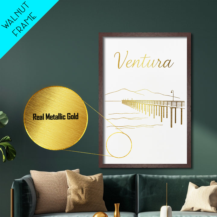 Ventura California Travel, Metallic Gold Print, Wood Framed Art, Metal Art, Modern Wall Art, Honeymoon Gift, Office Decor