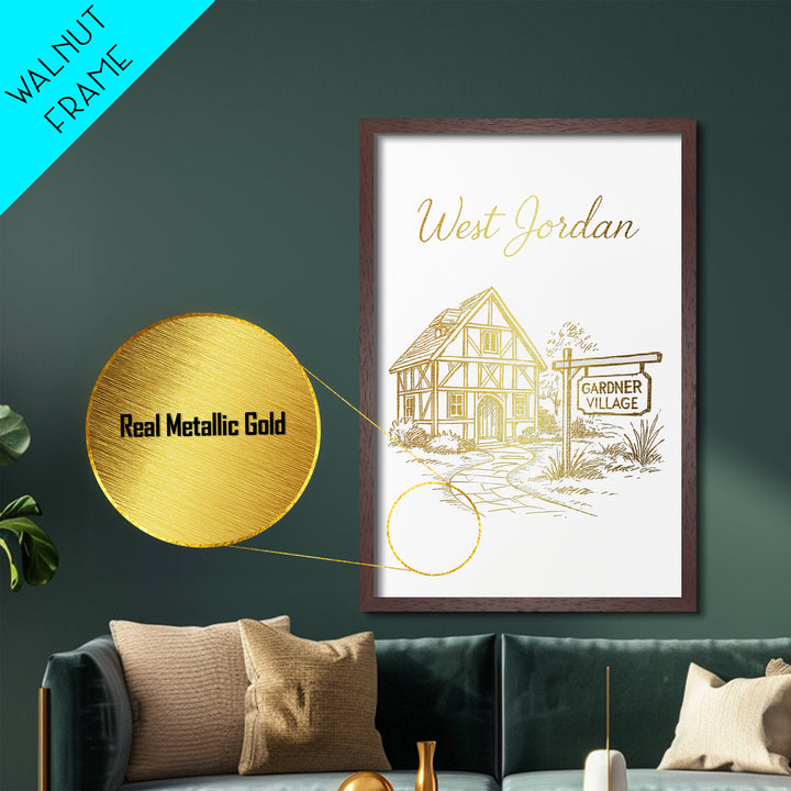 West Jordan Utah Art, Metallic Gold Art, Wood Framed Art, Metal Art, Modern House Art, Birthday Travel Gift, Living Room Decor